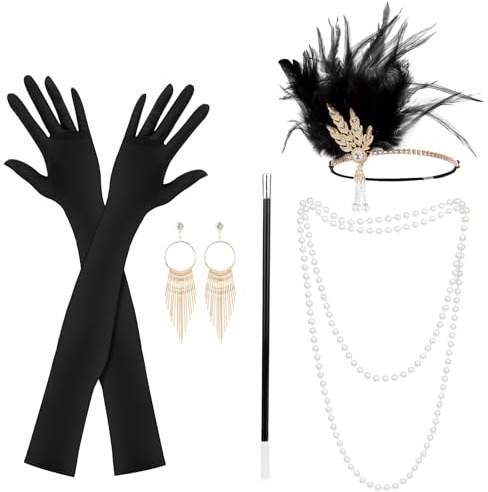 KEWUZY 5 Teiliges Accessoireset, Great Gatsby Flapper Set, Charleston Accessoires für Halloween und Weihnachten, inkl. Stirnband, Handschuhe, Perlenkette und Ohrringe