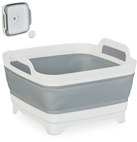 Relaxdays Spülschüssel mit Ablauf, faltbares Waschbecken, 9 L, Abwaschschüssel Camping, HxBxT 20 x 31 x 31 cm, weiß-grau