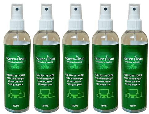 ROGGE Screen Clean Lot de 5 nettoyants d'écran de 250 ml, 100 % recyclé, R-PET très efficace et économique, convient pour tous les écrans, nettoyage sans traces et biodégradable