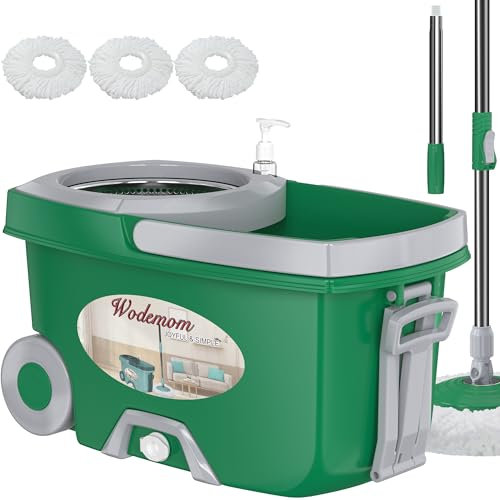 Mopa giratoria de doble compartimento y cubo, fregona y cubo con juego de escurridor, fregona giratoria de 360° para limpieza de suelos con 3 cabezales de repuesto de microfibra, mango extendido de 61