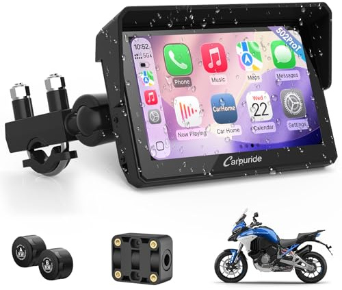 Carpuride W502TPRO for Motorcycle CarPlay& Android Auto& TPMS& Dual Bluetooth - 5 Waterproof GPS Navigation Screen for Motorbike, Music Sharing, Intercom, EQ, Light Sensor, Compass, Barometer