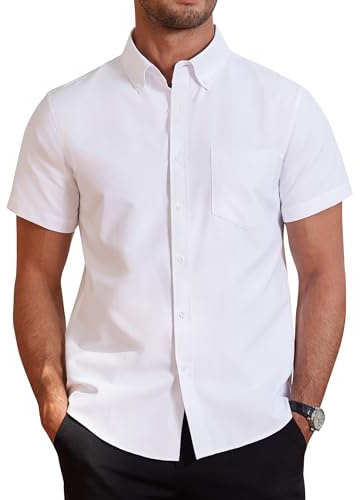 J.VER Mens White Short Sleeve Shirts Cotton Smart Casual Regular Fit Shirt Office Work Non Iron Button Down Oxford Summer Dress Shirt 3XL