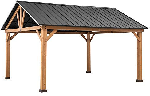 SUNJOY 4.6x4m Hardtop Wood Gazebo, Cedar Frame, Steel Gable Roof, Wind & Snow Resistance, Heavy Duty Outdoor Permanent Shade Pavilion for Patio, Garden, Deck
