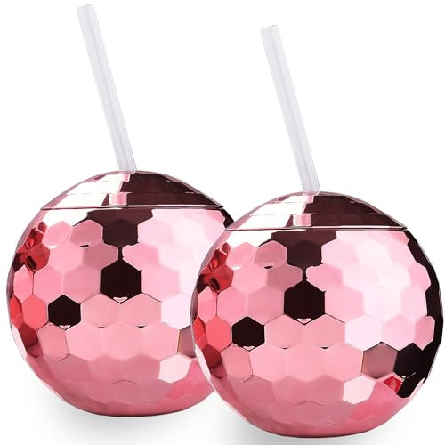 ALINK Disco Ball Cups with Straws, 20 OZ Rose Gold Sparkly Disco Party Tumbler, Novelty Taylor Cups for Bachelorette Party, Bride Shower, 1970s Party, Nightclub Bar Party Cups Decorations, Pack of 2
