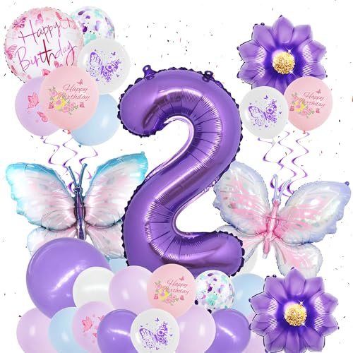 Schmetterling Deko 2. Geburtstag Mädchen, 31 Stück Lila Luftballons Set | Lila Geburtstags Party Dekoration Ballons für Kinder, schmetterling Folienballons, große Zahlenballons