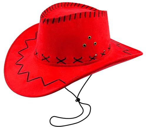 WickedFun Cowboyhut für Damen und Herren - Unisex Erwachsene Texanischer Cowgirl Hut Fasching Party Zubehör, Rote Lederoptik, Einheitsgröße