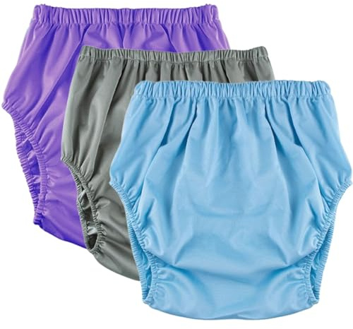 Incontinence Pants for Adult Diaper Cover,Waterproof Leakproof Incontinence Plastic Pants Underwear,Washable Reusable Low Noise Rubber Pants Unisex 3Pcs(Purple+Grey+Blue,Large)