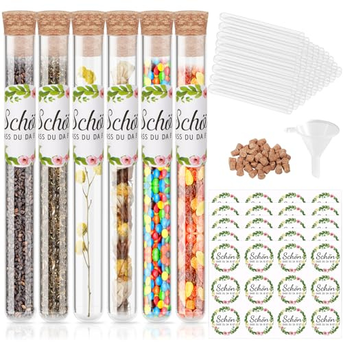 50 Stück Reagenzgläser mit Korken, Schön dass du da bist Gastgeschenke und Aufkleber und Trichter als Gastgeschenke zur Hochzeit - Besonderes Hochzeitsgeschenk