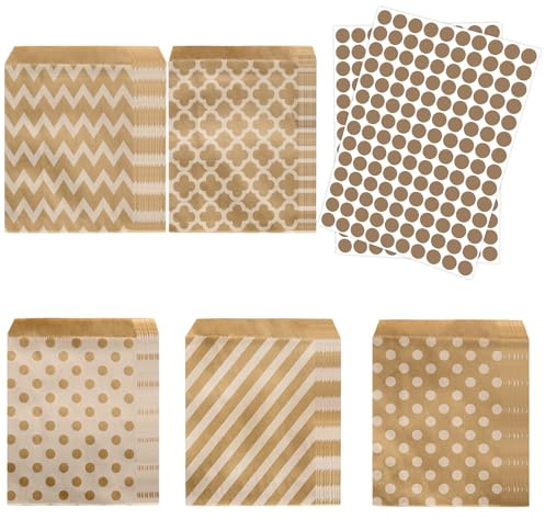 100 Stück Papiertüten Klein Geschenktüten Kraftpapier Süßigkeiten Kekse Tüten Wellenpunkt Schrägstrich Plumienblüte Aufkleber Braun Mit 108 Punktetiketten Fest Party Geburtstag