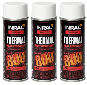 INRAL Hitzebeständiger Lack Weiß –Auspufflack Weiß Matt für Metalloberflächen - Langlebige, Hitzebeständige Farbe – 3 x 400 ml Schnell Trocknender Ofenlack Matt für Heimwerker