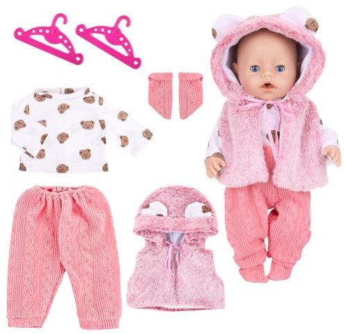 WanderGo Baby Puppen Puppenkleidung 35-43 cm, 6-teiliges Outfit mit 1 Weste + Oberteil + Hose + 1 Paar Socken + 2 Kleiderbügel , Kleine Bär Babypuppe Kleidung für 14-18 Zoll Puppen(Ohne Puppe)