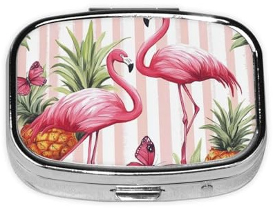 Generic Quadratische Pillendose mit pinkem Flamingo-Druck, 2 Fächer für Geldbörse und Tasche, Mini-Pillenhalter, aus Metall, Reise-Pillenbehälter