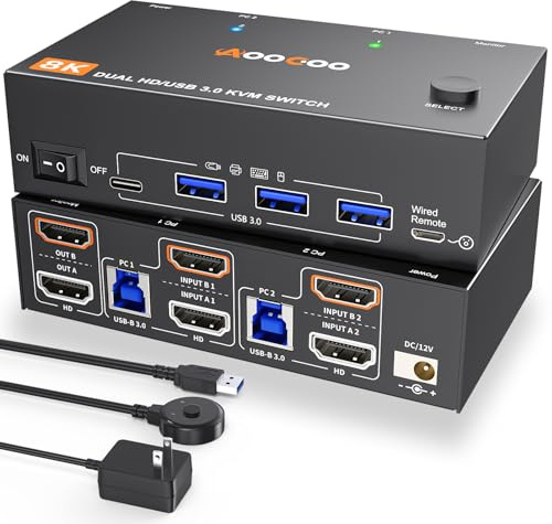 KVM Switch 2 Monitors 2 Computers 8K@60Hz/4K120Hz,HDMI USB3.0 Dual Monitors KVM Switches with 4 USB 3.0 Port,Wired Remote,USB3.0 Cables Included(8K 2 PC 2 Monitor KVM)