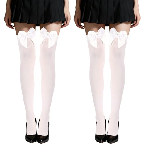 MICJLLT White Stockings,White Knee High Socks with Bows Opaque Satin and Anti-Skid for Women,Thigh High Socks Long for Halloween Cosplay Costume Party Tights Cheerleader/Crossdressers Accessory