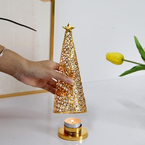 ComfyHarbor Portacandele in metallo dorato a forma di albero di Natale, con design geometrico a cerchio cavo, per decorazione festiva, centrotavola (dorato grande)