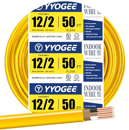 YYOGEE 12/2 NM-B Wire with Ground, 50 FT 12 Gauge Wire Solid Copper Non-Metallic Sheathed Cable, 12 AWG 2 Conductor Electric Wire for Residential Indoor Wiring, Outlets, Switches and Lighting (Yellow)