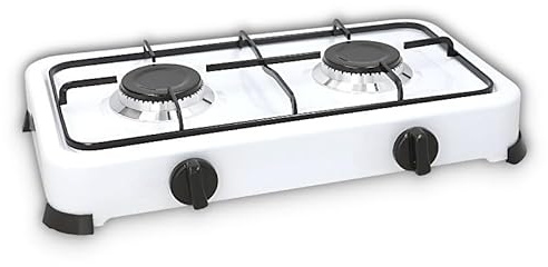 Cocina de Gas Portátil 2 Fuegos, Blanco, Acero, 46x26x6cm, Compacta