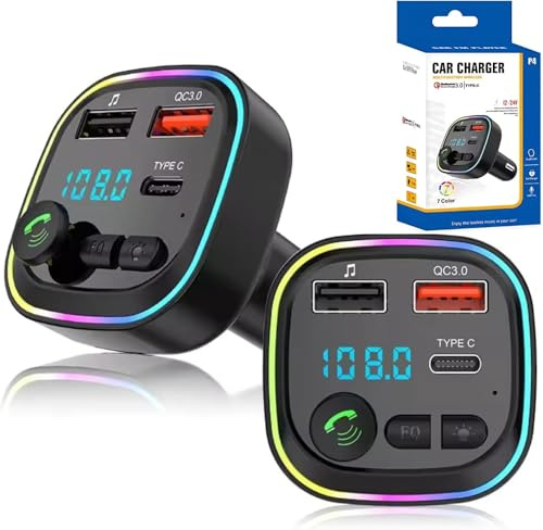 5.4 FM Wireless Bluetooth Transmitter Charger Adapter With Dual USB Ports+ Type C, PD 20W & QC 3.0 Super Fast Charging Transmitter[Light Switch] [HiFi Bass Sound] Hands-Free Calling,Support TF Card