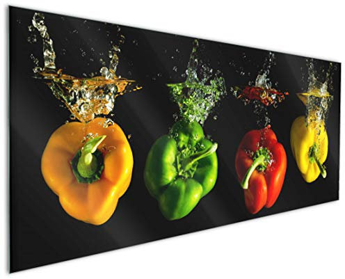 Wallario Küchenrückwand aus Glas 125 x 50 cm, Motiv: Bunte Küche Paprika in rot gelb orange und grün im Wasser | Spritzschutz abwischbar & pflegeleicht