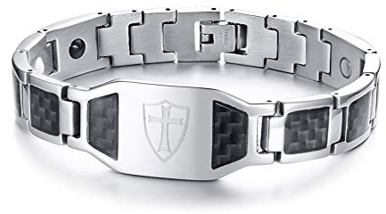 VNOX Pulsera de eslabones para hombre Terapia curativa 4 en 1 Caballeros Templarios Pulsera de acero inoxidable de fibra de carbono para hombres