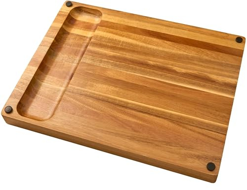 Großes Premium-Schneidebrett aus Akazienholz für die Küche. Extra dickes Schneidebrett (3,8 cm) mit Saftrille. Antibakterieller, rutschfester, wendbarer & Aufschnittbrett-Geschenkset