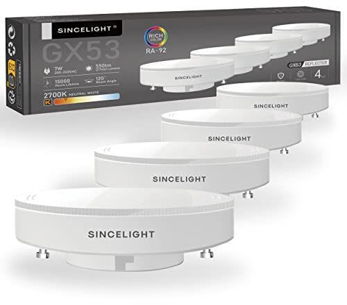 SINCELIGHT GX53 LED-Diffusor Reflektorlampe Leuchtmittel, mit GX53-Sockel, nicht dimmbar, 7W, Warmweiß - 2700 Kelvin, 550lm, 4er-Pack