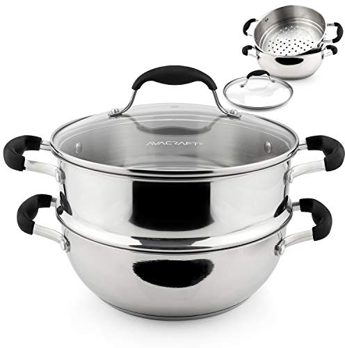 AVACRAFT 18/10, 3 Piece Stainless Steel Steamer Cooking Pot & Pan Set with Glass Lid, Momo Maker, Induction