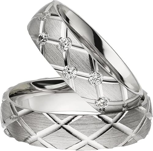 Kolibri Rings Partnerringe Silber 925 Paarpreis Massiv Nickelfrei 6 Zirkonia Steine Freundschaftsringe Trauringe Eheringe 100% Made in Germany- Inkl. Gratis Etui + Gravur (Längsmatt)