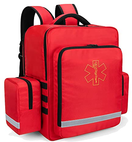 Trunab Emergency Medical Backpack Empty, EMT Camping Molle Bag with Detachable Side Pocket and No-Slip Bottom for Camping, Hiking, Traveling, Daycare, Red, Bag Only