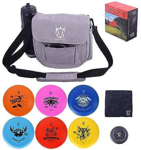 CROWN ME Discgolf-Set, Discgolf-Starter-Set, enthält 1 Tasche mit Wasserflaschentasche und Zubehörtasche, 2 Treiber, 2 Mitteltöner, 2 Putter, 1 Mini-Disc-Marker und 1 Handtuch