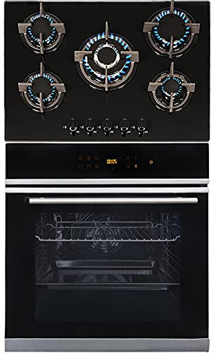 SIA BISO6SS Premium 60cm Black 10 Function Built-in Single Electric True Fan Oven & GHG703BL 5 Burner Black Gas On Glass Hob With FFD & LPG Kit