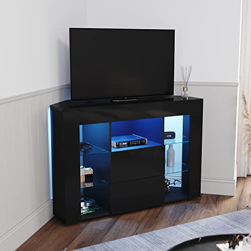 ELEGANT Corner TV Stand with RGB Lights for TVs Up to 50 inch | 100cm High Gloss Black TV Unit, LED TV Cabinet with 2 Glass Shelves and 2 Drawers (Rebound Device) for Living Room Bedroom