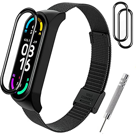 BANGTING Armband Metall Kompatibel mit Xiaomi Mi Band 3/4 / 5/6, Ersatzarmband für Mi Fit Band 6 NFC Ersatzbänder Miband 5 Edelstahl Armbänder Strap (Schwarz + 2 Schutzfolie)