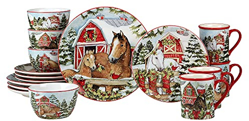 Homestead Christmas 16-teiliges Geschirrset - Urlaubsgeschirr für 4 Personen mit festlichen Pferd- & Scheunenszenen - Winter-Keramikteller, Schalen & Tassen - Bauernhaus Country Christmas Decor