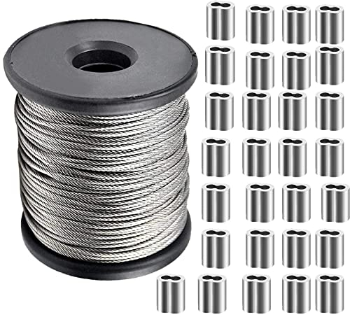 60m / 186FT Wire Rope Kit, 1.5mm Stainless Steel Wire Cable, 7x7 Heavy Duty Picture Hanging Wire with 40pcs Aluminum Loop Sleeve 1.5mm, Garden Rope Cable Wire For Railing Decking,Picture Frames