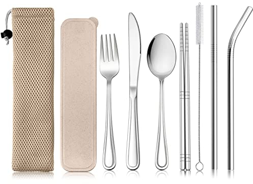 HaWare 9 Piece Travel Cutlery Set, Stainless Steel Compact Flatware for 1, Knife, Fork, Spoon, Chopsticks, Cleaning Brush, Straws, Portable Case & Bag, Portable & Reusable(Wheat)