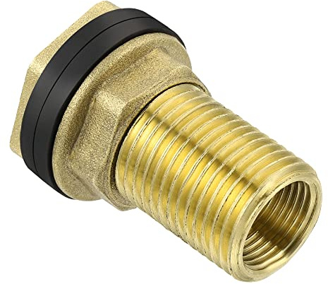 sourcing map Bulkhead Fitting - Water Tank Connector, Brass Threaded Fitting Adapter with 2 Rubber Gasket, Apply to Outdoor/Garden/Pools(BSPT3/8 Female G1/2 Male)