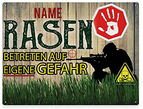 PR Print Royal Gartenschild selbst gestalten - Rasen betreten auf eigene Gefahr - mit Name personalisiertes Metallschild, Geschenk für Gärtner, Outdoorschild aus Aluminium | Wetterfest, 21x15 cm