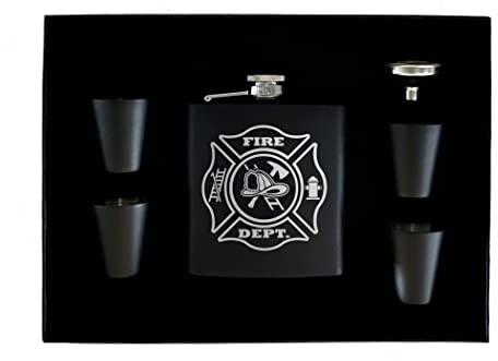 Rogue River Tactical Firefighter Fire Edelstahl-Flachmann, Premium, mattschwarz, tolles Geschenk-Set für Ihn, Vater, Feuerwehrmann