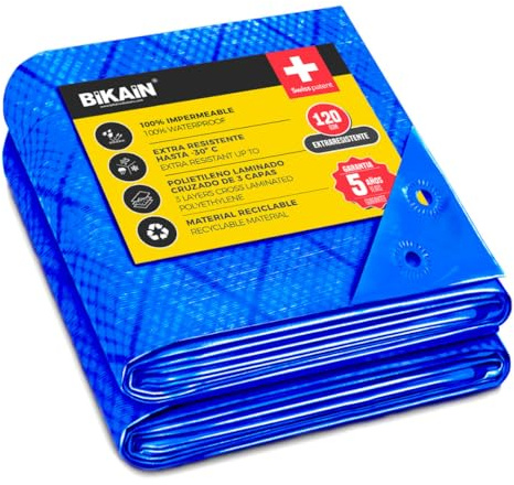Bikain - Lona Impermeable Exterior - 4x6 Metros - 70g/m2 Reforzada - Argollas Antidesgarro - Toldo 100% Impermeable y 100% Protección UV - Cubretodo Múltiples Usos - 3 Capas Laminado Cruzado