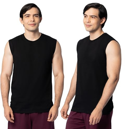 Fruit of the Loom Men's Eversoft Cotton Sleeveless T Shirts, Breathable & Moisture Wicking with Odor Control, Sizes S-4X, Muscle-2 Pack-Black, 4X-Large