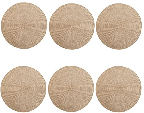 6er Set Tischsets, Platzset Rund, Tischuntersetzer Abwaschbar Platzteller Untersetzer Teller Platzsets Boho Weben Hitzebeständige Tischset Rund Rutschfest Platzdeckchen (Khaki,30cm)