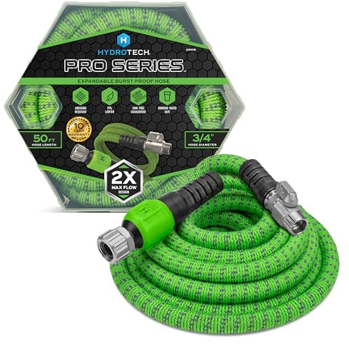 HydroTech 50 ft Expandable Garden Hose - Pro Series, 2x Max Flow, 3/4 No-Kink Flexibility, Lightweight Hose for Lawn, Garden, Car Washing, Deck and Patio Cleaning
