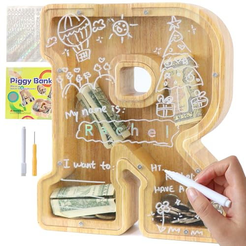 Lakpopya Spardose Kinder Jungen, Personalisiert Holz A-Z Sparschwein | Durchsichtig Buchstabe A-Z Sparbüchse für Kinder Mädchen Erwachsene mit Aufklebern und Filzstift, Taufe Geschenk Dekoration