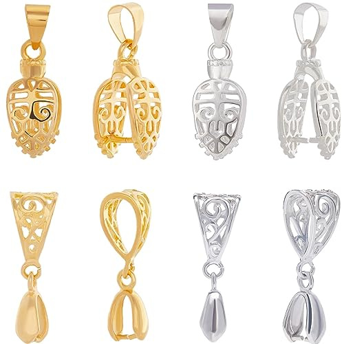 Beebeecraft 24 Stück 4 Stile Klemmbügel-Verschluss Aus Messing Filigrane Eispickel-Klemmbügel Gold Und Silberfarben Baumelnde Charms Anhängerverbinder Für Die Herstellung von Halsketten Und Schmuck