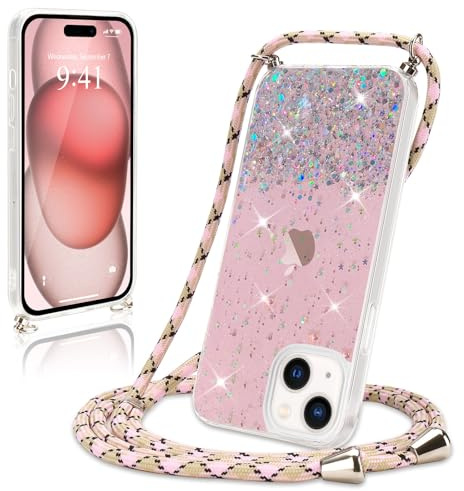 Wirvyuer Handyband Hülle für iPhone 15 Plus Handyhülle mit Kordel Glitzer Schutzhülle mit Band zum Umhängen Halskette Silikon Case mit Schnur für iPhone 15 Plus Rosa