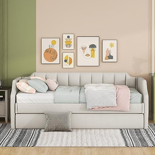 NNJN 90 x 200cm(190) Day-Betten, Gepolstertes Einzeltagesbett mit Rollbett, Schlafsofa (Beige)(Ohne Matratze)