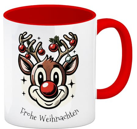 Rentier Kaffeebecher in rot und Spruch Frohe Weihnachten Winterzauber Weihnachtstasse - Gemütlich Festliche Tasse Rentierbecher Rudolf - Deko für Weihnachtsflair im Advent