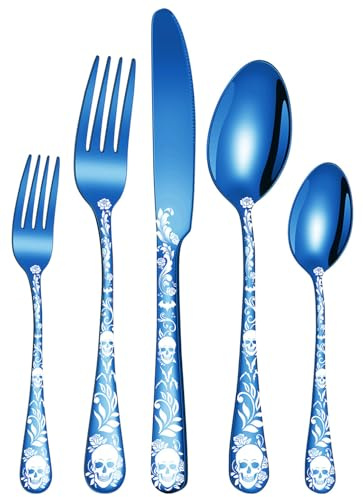 XIAOYU 5 Piece Gothic Skull Silverware Set, Halloween Bizarre Flatware Set, Skeleton Flower Unique Pattern Design, Knife Fork Spoon Cutlery Set for Halloween Easter Christmas, Blue