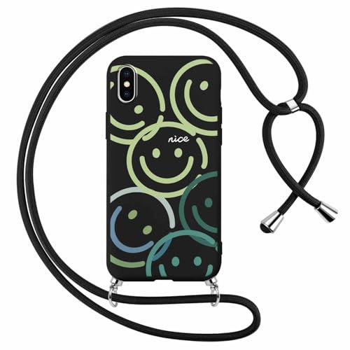 Xylota Handykette Handyhülle für iPhone X/iPhone XS 5,8 Hülle mit Band, Niedliches Muster Smiley Case mit Kordel zum Umhängen, Weich TPU Dünn Silikon Stoßfest Schutzhülle Cover für iPhone X, Schwarz